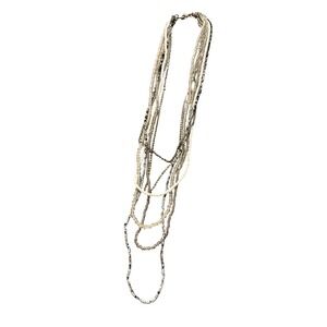 AEO Multi Strand Layered Necklace Silver Tone White Beaded Mixed Chain Long